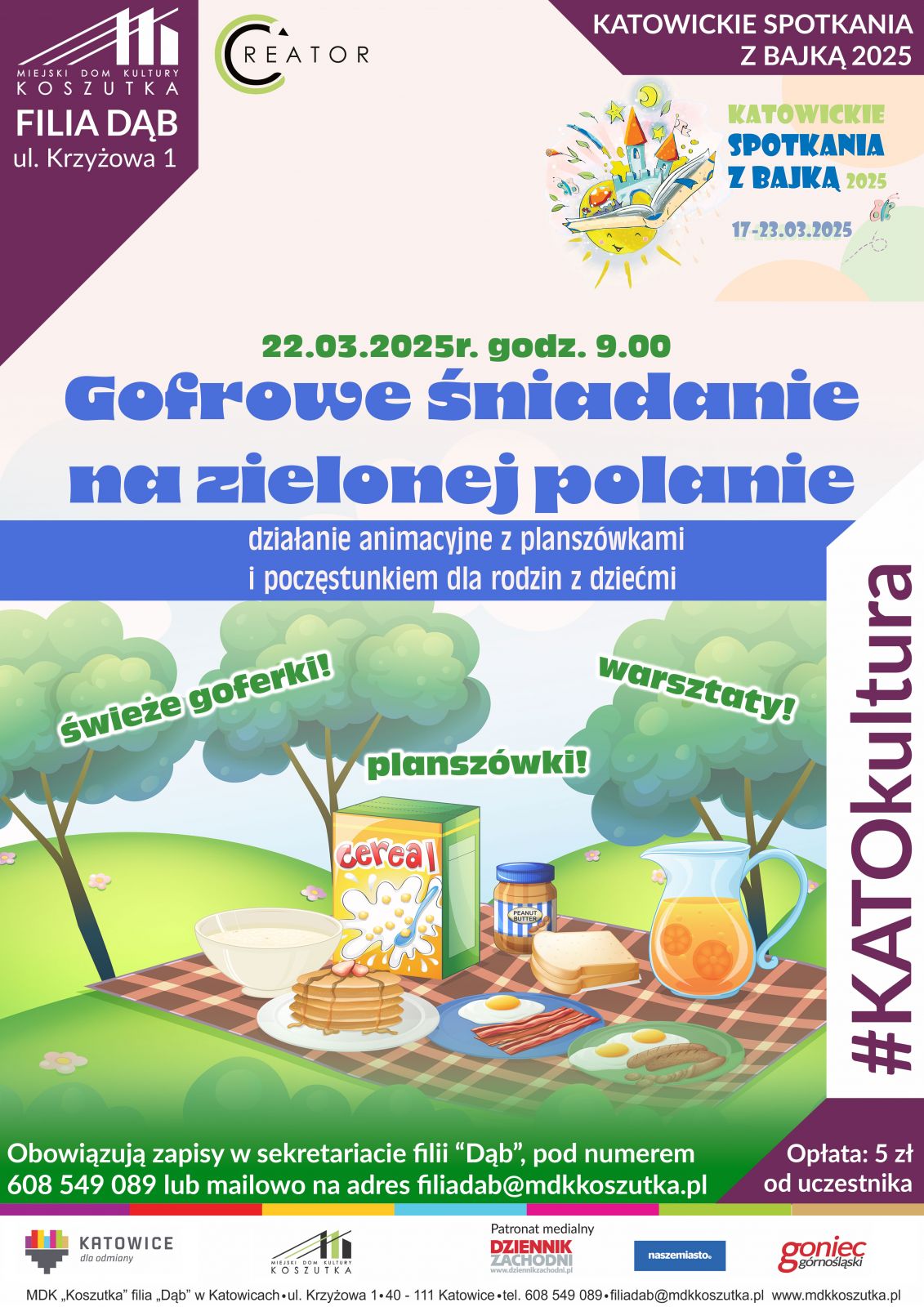 Plakat promujący gofrowe śniadanie na zielonej polanie. plakat w kolorystyce biało-niebiesko-zielonej. Na ilustracji polana z kraciastym kocem na którym ułożone są śniadaniowe produkty. 